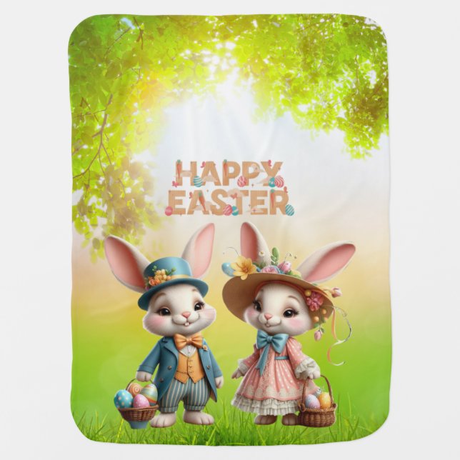 Cute, Whimsical Happy Easter with 2 rabbits Baby Blanket (Front)