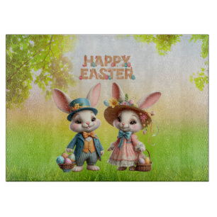 Cute, Whimsical Happy Easter with 2 rabbits Cutting Board