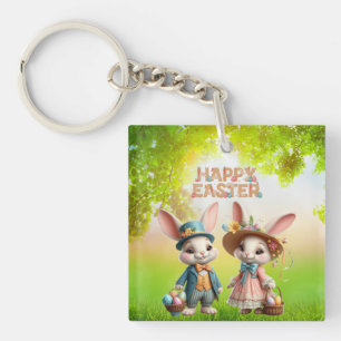 Cute, Whimsical Happy Easter with 2 rabbits Keychain