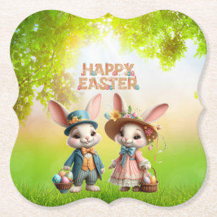 Cute, Whimsical Happy Easter with 2 rabbits Paper Coaster