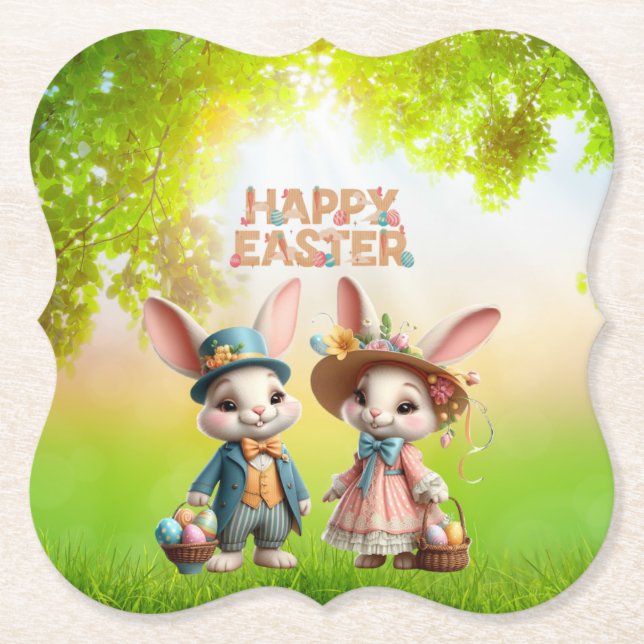 Cute, Whimsical Happy Easter with 2 rabbits Paper Coaster (Front)