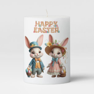 Cute, Whimsical Happy Easter with 2 rabbits Pillar Candle