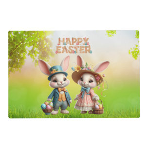 Cute, Whimsical Happy Easter with 2 rabbits Placemat