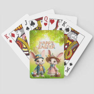Cute, Whimsical Happy Easter with 2 rabbits Poker Cards