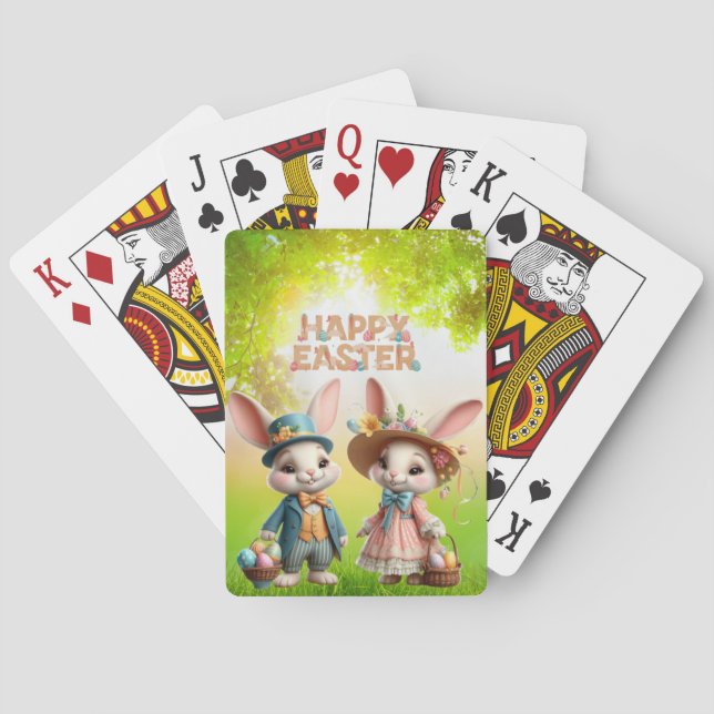 Cute, Whimsical Happy Easter with 2 rabbits Poker Cards (Back)