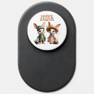 Cute, Whimsical Happy Easter with 2 rabbits PopSocket