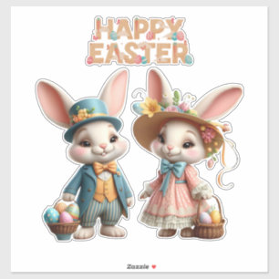 Cute, Whimsical Happy Easter with 2 rabbits Sticker