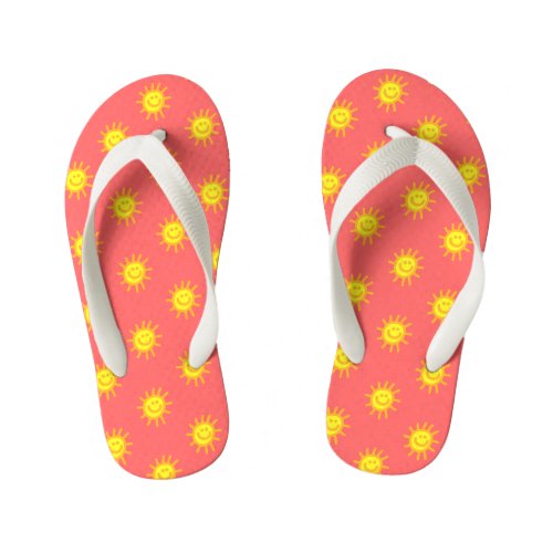 Cute Whimsical Happy Face Sun Coral Beach Kids Flip Flops