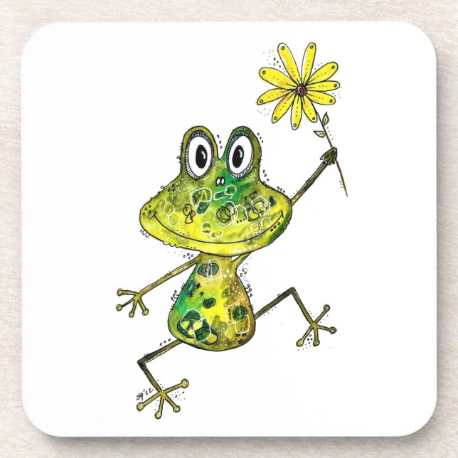 Cute Whimsical Happy Frog Beverage Coaster (Front)