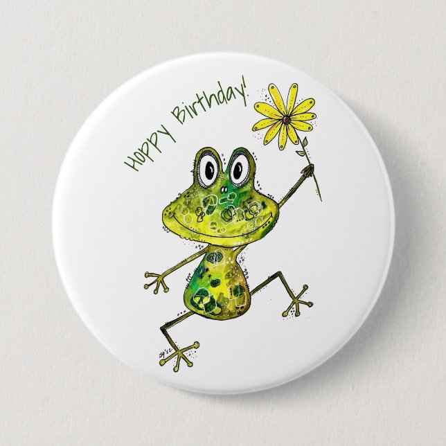 Cute Whimsical Happy Frog Button (Front)