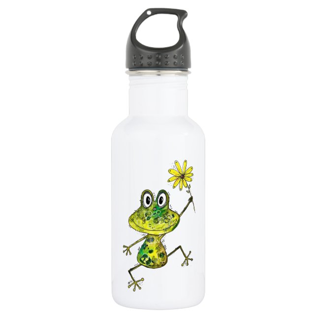Cute Whimsical Happy Frog Stainless Steel Water Bottle (Front)