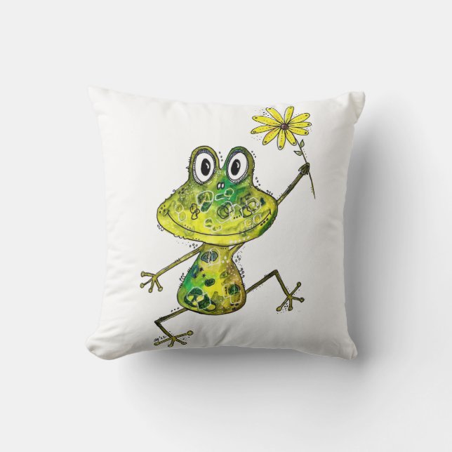 Cute Whimsical Happy Frog Throw Pillow (Front)