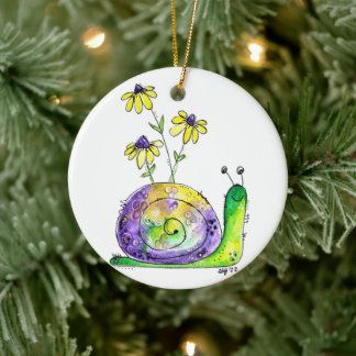 Cute Whimsical Happy Snail with Yellow Flowers Ceramic Ornament