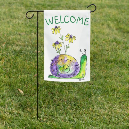 Cute Whimsical Happy Snail with Yellow Flowers Garden Flag