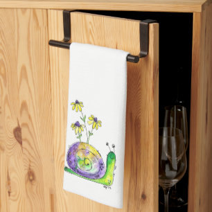 Cute Whimsical Happy Snail with Yellow Flowers Kitchen Towel
