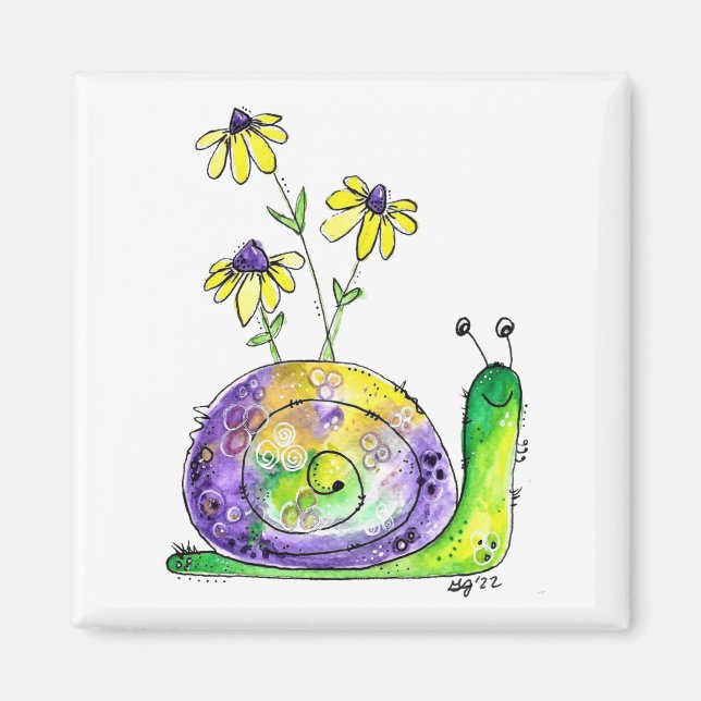 Cute Whimsical Happy Snail with Yellow Flowers Magnet (Front)