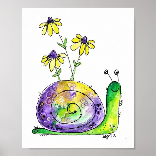 Cute Whimsical Happy Snail with Yellow Flowers Poster (Front)