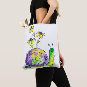 Cute Whimsical Happy Snail with Yellow Flowers Tote Bag