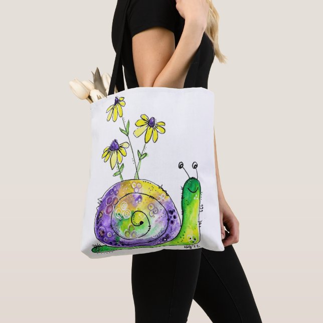 Cute Whimsical Happy Snail with Yellow Flowers Tote Bag (Close Up)