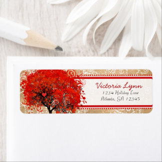 Cute Whimsical Heart Leafed Tree Red Pink Dots Label