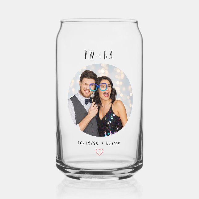 Cute Whimsical Heart Monogram Wedding Photo Custom Can Glass (Front)