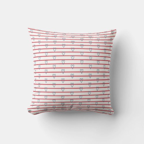 Cute Whimsical Hearts and Stripes Doodle Red Blue Throw Pillow