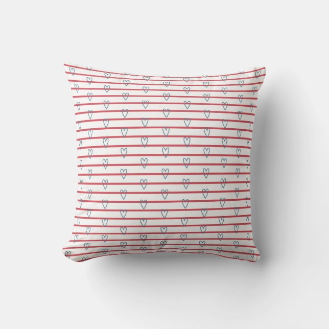 Cute Whimsical Hearts and Stripes Doodle Red Blue Throw Pillow (Front)