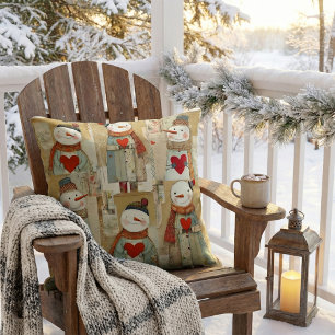 Cute Whimsical Hearts Snowman Winter Throw Pillow