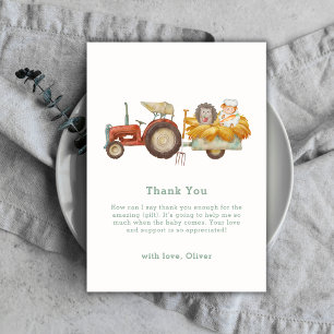 Cute Whimsical Hedgehog Farm Tractor Baby Shower Thank You Card
