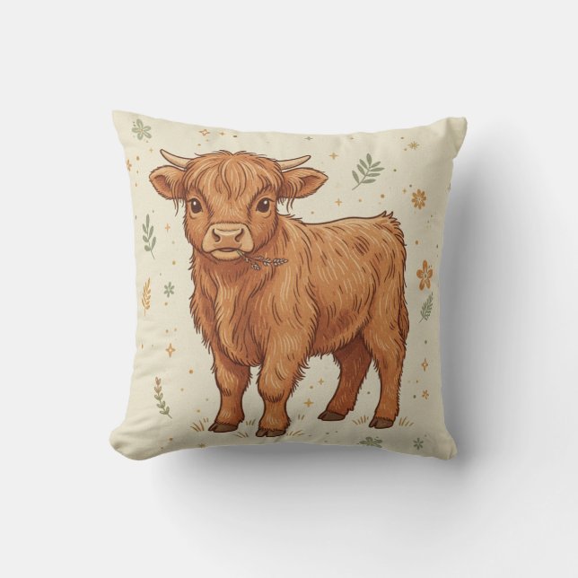 Cute Whimsical Highland Cow Calf Throw Pillow (Front)