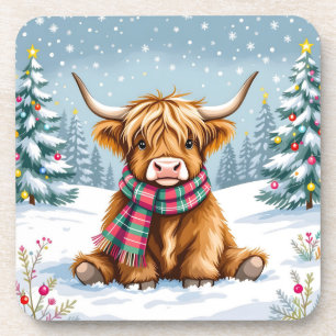Cute Whimsical Highland Cow Christmas Beverage Coaster