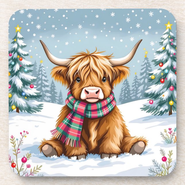 Cute Whimsical Highland Cow Christmas Beverage Coaster (Front)