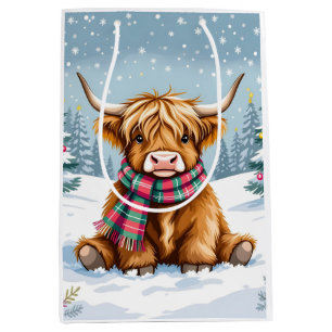Cute Whimsical Highland Cow Christmas Medium Gift Bag