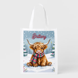 Cute Whimsical Highland Cow Christmas Personalized Grocery Bag