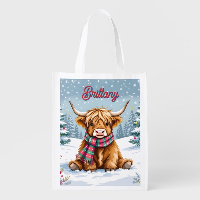 Cute Whimsical Highland Cow Christmas Personalized Grocery Bag (Front)