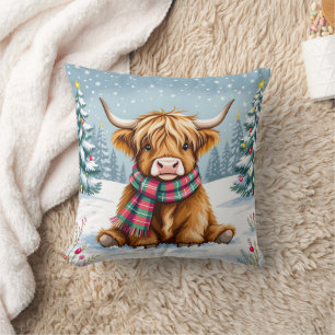 Cute Whimsical Highland Cow Christmas Throw Pillow