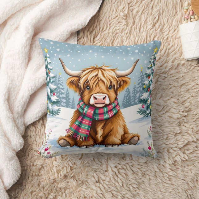 Cute Whimsical Highland Cow Christmas Throw Pillow (Blanket)