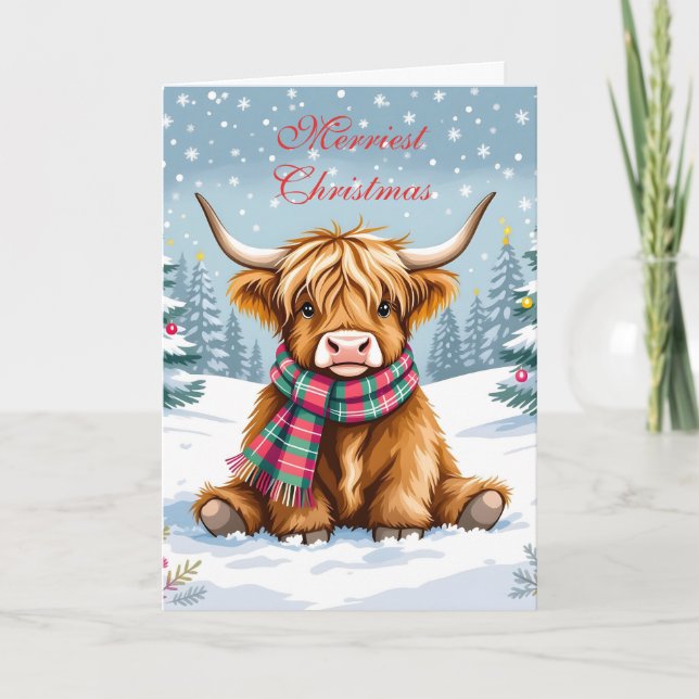 Cute Whimsical Highland Cow Personalized Christmas Card (Front)