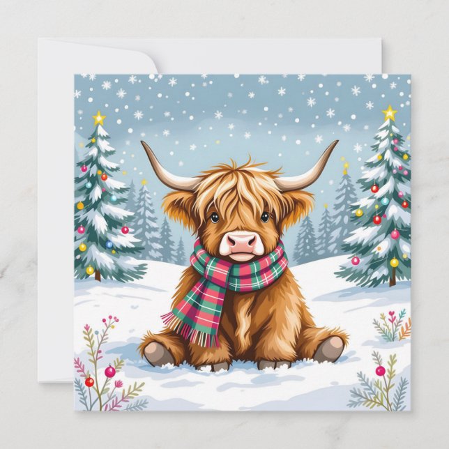 Cute Whimsical Highland Cow Personalized Christmas Card (Front)