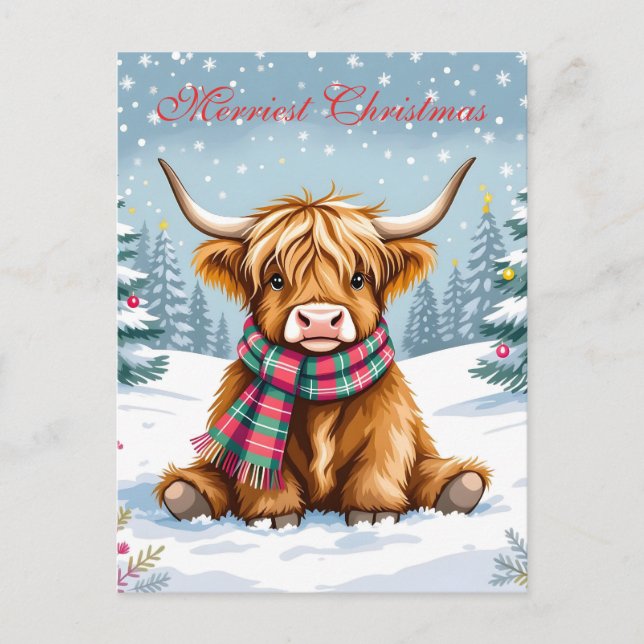 Cute Whimsical Highland Cow Personalized Christmas Postcard (Front)