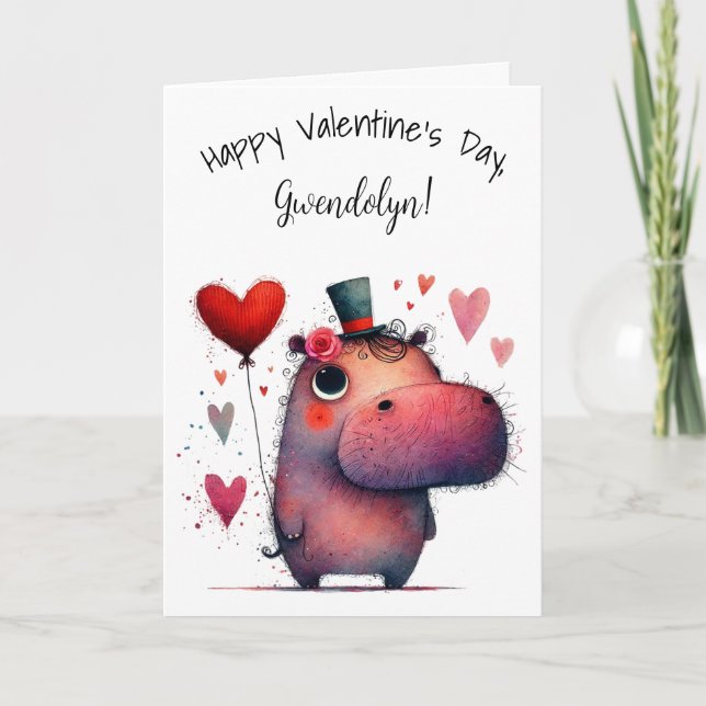 Cute Whimsical Hippo Happy Valentine's Day Card (Front)