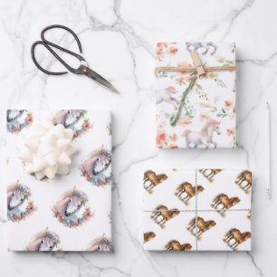 Cute Whimsical Horse Pony Floral Watercolor Wrapping Paper Sheets