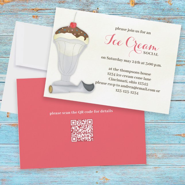 Cute Whimsical Ice Cream Social Watercolor QR Code Invitation (Creator Uploaded)