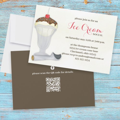 Cute Whimsical Ice Cream Social Watercolor QR Code Invitation