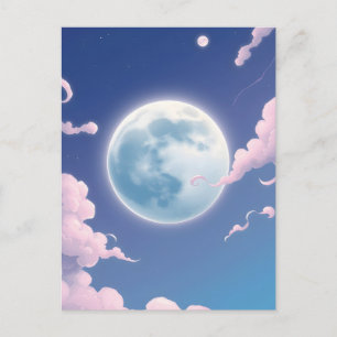 Cute whimsical illustration of moon in night sky postcard
