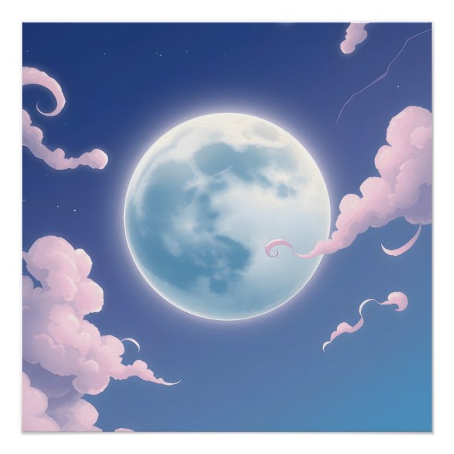 Cute whimsical illustration of moon in night sky poster (Front)
