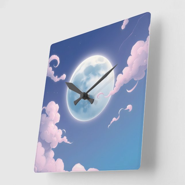 Cute whimsical illustration of moon in night sky square wall clock (Angle)