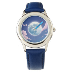 Cute whimsical illustration of moon in night sky watch