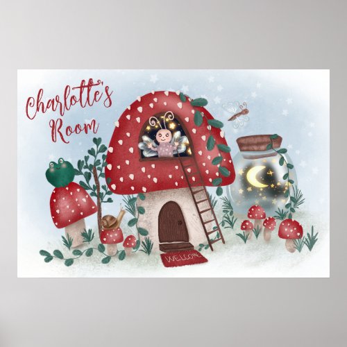 Cute whimsical Kids mushroom fairy illustration Poster