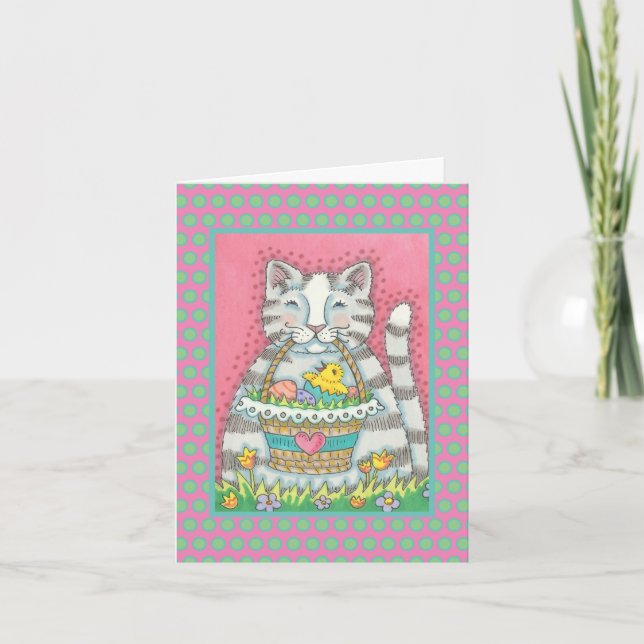 CUTE WHIMSICAL KITTEN & EASTER BASKET, CAT, Verse Holiday Card (Front)